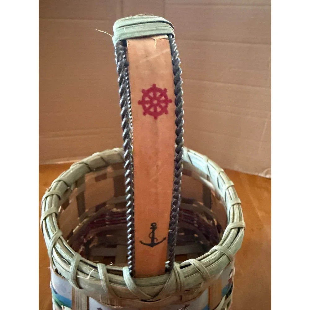 Nautical Woven Splint Basket Hand Painted Lighthouse Sailboat Anchor Decor